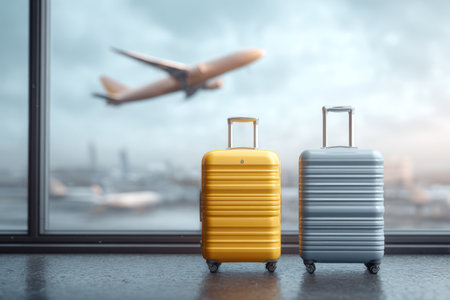 Two suitcases stand in front of a large window, with an airplane taking off in the soft focus background. The composition features a yellow and a gray suitcase, capturing attention with their contrasting colors. The scene suggests travel and transit, possibly suitable for commercial and editorial use.の素材