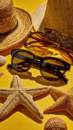 This image showcases sunglasses, straw hats, and starfish arranged on a yellow surface. The composition features overhead lighting and a vibrant color palette, conveying a sense of summer. It could be suitable for lifestyle advertising, vacation themes, or editorial content related to fashion and travel.の素材