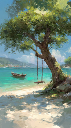 This image depicts a vibrant landscape featuring a tree with a swing, situated beside clear turquoise water. The artwork showcases soft brushstrokes and a painterly style. A small boat is visible in the water, under a bright day. This image could be used for various purposes including editorial and commercial design.の素材