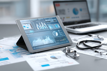 A digital tablet and laptop computer sit on a desk displaying financial charts and graphs. The composition includes a stethoscope and printed documents. Bright lighting highlights the details of the electronic devices. These elements could be suitable for illustrating business, finance, or technology concepts for commercial use.の素材