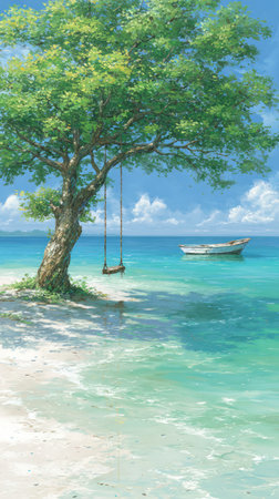 An idyllic illustration depicts a tree with a swing on a sandy shore, overlooking calm turquoise waters. The scene is illuminated by soft daylight, showcasing a vibrant color palette. A small boat rests in the distance. This artwork is suitable for various commercial uses, including print and digital media.の素材