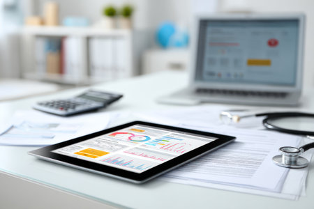 A close-up view presents a tablet with charts and graphs on the screen, accompanied by a laptop, calculator, and stethoscope. The scene features a clean office environment with a neutral color palette. This image is suited for various applications, including healthcare, medical reports, and technology-related projects.の素材