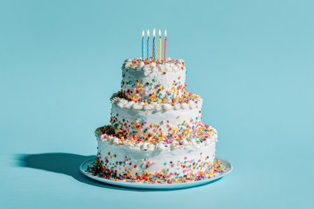 A three-layered cake, adorned with colorful sprinkles and topped with lit candles, sits on a plate. The dessert presents a clean composition, contrasting white frosting with vibrant sprinkles against a solid blue backdrop. The image utilizes direct overhead lighting. This versatile photo is suitable for a range of commercial applications.の素材