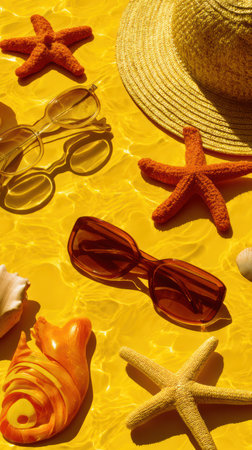 An overhead view displays beach accessories on a vibrant yellow surface. Sunglasses, starfish, and a sunhat are arranged. The lighting suggests a bright day. This image may be suitable for advertisements, travel publications, or website designs, offering visual appeal for various commercial projects.の素材
