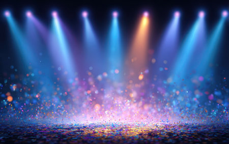 This image features a stage with multiple spotlights casting vibrant hues onto scattered particles. The scene is dominated by blues, purples, and an amber glow, suggesting a performance or presentation. The composition uses a low-angle perspective, creating a sense of depth and potentially suitable for various commercial or artistic applications.の素材