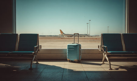 A blue suitcase stands prominently in an airport terminal, framed by rows of empty seats and a large window. An airplane is visible on the runway outside, under a clear sky. The image features a shallow depth of field, with soft lighting and muted tones. This composition is well-suited for travel and tourism related materials.の素材