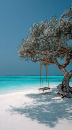 A picturesque beach scene displays a tree with a swing hanging from its branches. The scene showcases white sand meeting crystal clear turquoise water under a vibrant blue sky. Shadows cast by the tree add depth and texture to the composition. This image could be used for travel, leisure, or environmental themes.の素材