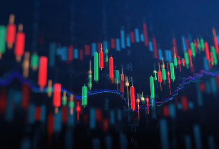 This image showcases a vibrant abstract representation of financial data, featuring colorful bars and lines suggesting market fluctuations. The composition utilizes a shallow depth of field, with a focus on red and green elements. The overall aesthetic implies the context of economic trends. This visual could be used in various commercial or editorial materials.の素材
