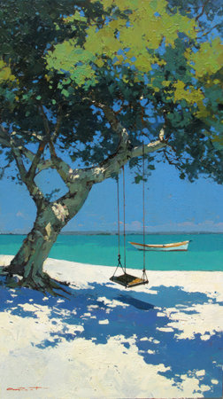 A serene coastal landscape showcases a tree with a hanging swing, inviting relaxation. The artwork displays a vivid blue sky contrasting with the white sand and turquoise water. A small boat rests in the distance, complementing the calm composition, suitable for various editorial and promotional applications.の素材