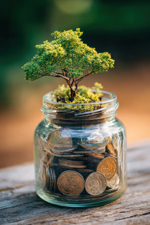 A small tree sprouts from a glass jar filled with coins, symbolizing financial growth. The clear jar reveals the coins, while the green tree contrasts against the blurred background. The image has soft lighting and a shallow depth of field, suitable for financial or investment-related themes.の素材