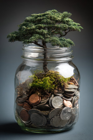 A miniature tree flourishes within a clear glass jar overflowing with coins. The composition features a close-up perspective, highlighting the detailed texture of the tree and the reflective surfaces of the coins. The lighting is soft, creating depth. This conceptual image may be suitable for financial, environmental or business related projects.の素材