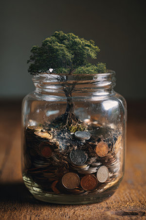 An image displays a tree growing inside a clear glass jar filled with coins. The tree's green foliage contrasts with the copper and silver coins and the glass. The scene is illuminated by soft lighting, set against a blurred background. Suitable for conceptual illustrations related to finance and growth.の素材