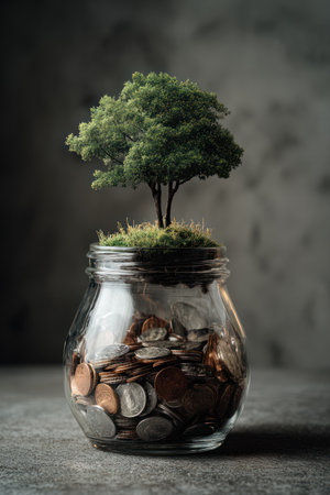 A small tree thrives from a bed of coins contained in a clear glass jar. The image showcases a still life with a shallow depth of field, highlighting the tree's green leaves and the coins below. The lighting is soft, and the composition is simple against a muted backdrop, suitable for illustrating financial or environmental concepts.の素材