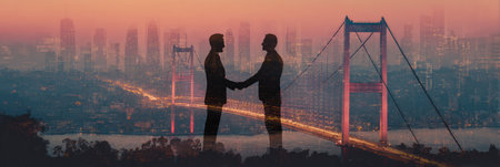 A silhouette of two people shaking hands dominates the foreground, framed by a bridge and a cityscape backdrop. The image features warm, orange and purple hues suggesting a sunset or sunrise. The composition implies partnership and agreement, suitable for various business or editorial applications.の素材