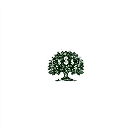 An illustration depicts a tree with dollar sign symbols replacing the leaves. The design features a dark green tree on a bright white background. The image likely conveys themes of finance, investment, and prosperity. It is suitable for various commercial uses, including business presentations and financial reports.の素材