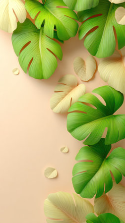 This image presents lush green monstera leaves and delicate pale petals arranged against a soft, pastel backdrop. The composition features a natural, organic aesthetic with a smooth, glossy finish. Suitable for use in various design projects, including background elements or decorative layouts, adding a touch of nature and serenity.の素材