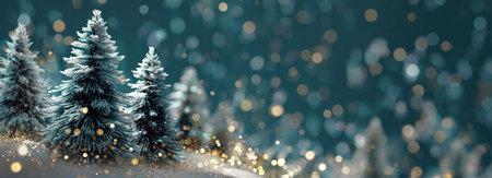 The image showcases a winter scene featuring fir trees covered in snow. A bokeh effect creates a soft, blurred background with sparkling lights. The composition and lighting may be suitable for backgrounds, seasonal illustrations, or various commercial projects. The scene suggests an outdoor, possibly cold, environment.の素材