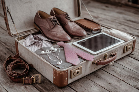 An open vintage suitcase is filled with various garments, shoes, and personal accessories. The composition showcases a shirt, trousers, belt, tie, headphones, and a tablet device. The image presents a neutral color palette with warm tones, possibly shot in natural daylight. Suitable for commercial or travel-related content.の素材