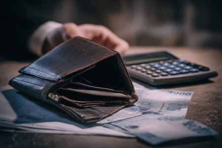 An open leather wallet filled with money rests on a wooden surface, beside a calculator and some bills. The composition uses shallow depth of field, with soft lighting and earth tones. This could be useful in illustrating financial planning, budgeting, or economic themes. Suitable for various commercial and editorial applications.の素材