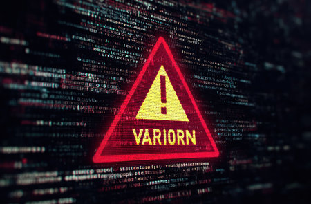 A red triangular warning sign with a yellow interior and exclamation point sits against a background of digital code. The composition features a shallow depth of field, with the sign in sharp focus. The scene suggests a technology or cybersecurity context and can be used for various commercial projects.の素材