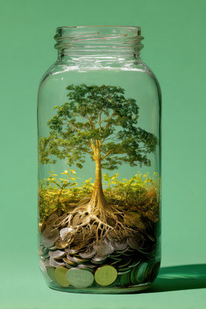 A tree with visible roots sits inside a clear glass jar atop a pile of coins. The composition features a natural aesthetic with green and yellow hues. The artwork uses overhead lighting and highlights the interplay of nature and finance. Suitable for financial, ecological, and conceptual content.の素材