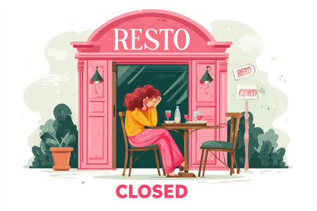 An illustration depicts a woman sadly seated at a table outside of a closed restaurant. The image uses a stylized vector art aesthetic, featuring soft colors and rounded forms. A pink storefront with a CLOSED sign hints at economic challenges. It may be suitable for editorial content or commercial uses related to business and financial themes.の素材