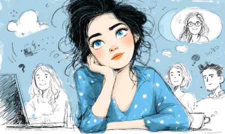 An illustration depicts a woman looking up, surrounded by thought bubbles containing other figures and objects. Soft blues and yellows dominate the color palette. This style lends itself to various editorial and commercial applications. The composition includes a laptop and cup suggesting an indoor setting and activities.の素材