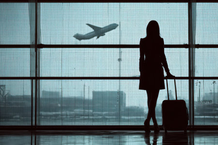 A woman stands in silhouette by a large window, observing an airplane taking off. The composition features a dark outline against a bright sky. It employs a high-contrast style with muted colors, implying an airport environment, suitable for various editorial and commercial projects.の素材