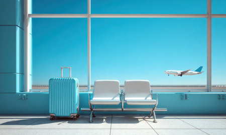 An interior shot features a bright waiting area with two white chairs and a light blue suitcase. The scene is illuminated by natural light from a large window overlooking a clear blue sky and an airplane in flight. Suitable for various travel-related promotional and editorial materials.の素材