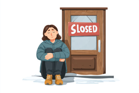 An illustration features a woman seated with her arms wrapped around her knees in front of a wooden door with a "CLOSED" sign. The scene shows muted colors and a simplified style, with a focus on conveying a mood of sadness. This image could be used for various projects representing disappointment or failure.の素材
