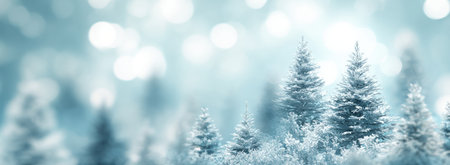 This image presents a serene winter landscape featuring snow-covered fir trees. Soft blue and white hues dominate the scene, enhanced by a blurred bokeh effect. The composition likely represents a forest setting with visual texture. The image could be suitable for various commercial or editorial uses, such as seasonal promotions.の素材