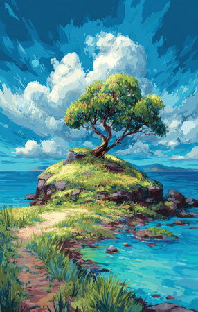An illustrated image features a solitary tree on a small island surrounded by water and sky. The scene is brightly colored with lush green foliage, blue water, and fluffy white clouds. This artwork conveys a sense of peace and natural beauty, suitable for editorial and design projects.の素材