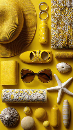 An overhead shot showcases an assortment of yellow items arranged on a uniformly colored background. Featured are a hat, sunglasses, shoes, and decorative elements. The composition creates a visually appealing display with a bright color scheme and textural contrasts. Suitable for various design projects and commercial applications.の素材