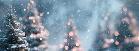 A winter scene showcases snow-covered fir trees with blurred lights creating an abstract backdrop. The image features a cool color palette with soft focus, suggesting a tranquil and atmospheric environment. Suitable for various applications, this image can be used for seasonal promotions or decorative elements.の素材