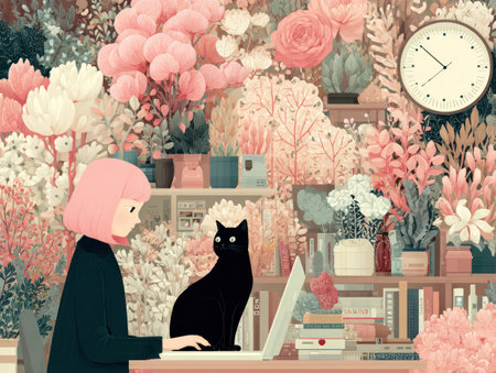 An illustration depicts a woman and a black cat using a laptop in a floral environment. Soft pink and green hues dominate the scene, showcasing various flowers and plants. The composition is well-lit and the style is modern and minimalist. Suitable for illustrating various concepts and commercial projects.の素材