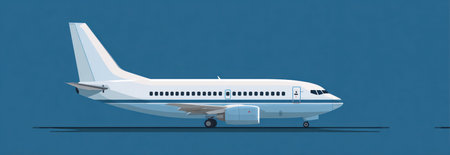 An illustration features a white airplane against a solid blue backdrop. The aircraft, in a side profile, showcases detailed design. This image's clean lines and flat color style suggest its suitability for various commercial applications, including editorial and advertising visuals. It can also be used for educational purposes.の素材
