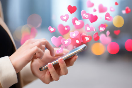 A woman's hands interact with a smartphone, symbolizing digital engagement. Pink hearts float in the background, suggesting social media interaction and likes. The image features soft focus and bokeh effects with a blurred cityscape, suitable for various editorial and commercial applications.の素材