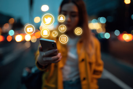 A woman is shown holding a smartphone with illuminated social media icons in the foreground. The image has a shallow depth of field, with soft bokeh lights in the background. The scene features a modern aesthetic with bright colors and could be used in advertising or editorial designs related to technology.の素材