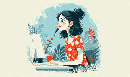 An illustration depicts a woman working on a computer, surrounded by stylized floral elements. The image features a bright color palette with predominant blues, greens, and reds, and a soft texture. The composition appears digitally created, suggesting potential use for articles, advertising, or educational materials.の素材