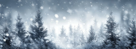 This image presents a serene winter scene featuring a forest with softly blurred trees. The color palette is primarily cool tones of white and blue, evoking a cold atmosphere. The composition is likely suitable for various commercial purposes, encompassing editorial designs and seasonal projects within a tranquil setting.の素材