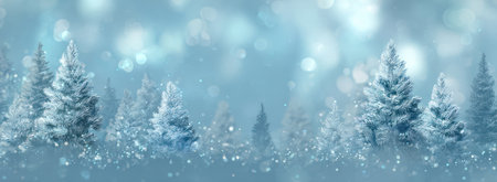 This image presents a winter forest scene with several snow covered trees. Soft blue and white colors dominate, complemented by blurred bokeh effects, suggesting snowfall or a dreamy atmosphere. The composition emphasizes a serene, natural environment. It is suitable for various commercial uses, including website backgrounds and seasonal promotions.の素材