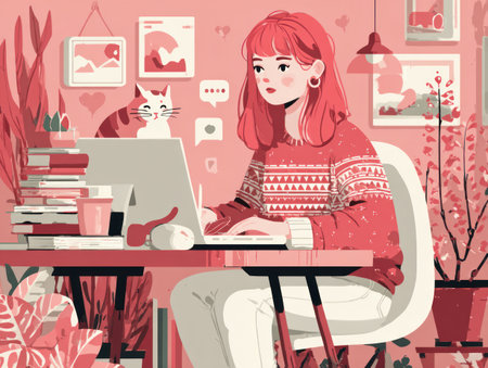 An illustration depicts a young woman using a laptop in a well-lit interior. The image features a red and pink color palette, with a cat nearby. The composition uses soft lines and a graphic style. Suitable for various applications, including website design and promotional material.の素材