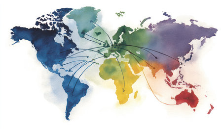 This watercolor illustration presents a world map with interconnected lines. The artwork features a vibrant color palette and soft textures, suggesting an artistic style. It could be used in presentations about global connectivity or business strategy, suitable for commercial or editorial applications.の素材