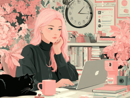 A woman with pink hair is depicted working on a laptop at a desk. The image features a black cat, a mug, and a clock. The composition uses soft colors, creating a pleasant and inviting atmosphere. Suitable for use in articles or marketing material related to lifestyle or remote work.の素材