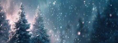 An image captures a serene winter scene featuring pine trees and falling snowflakes. The composition utilizes a low-angle perspective, creating a sense of depth. The color palette primarily consists of cool tones, with soft, diffused lighting adding to the atmospheric effect. Suitable for various commercial and editorial applications.の素材