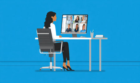 A woman sits at a desk, looking at a computer screen displaying a video conference. The scene features a clean, illustrative style with a vibrant blue backdrop. The composition highlights the woman and the screen. This image is suitable for various commercial uses, illustrating technology or remote communication.の素材