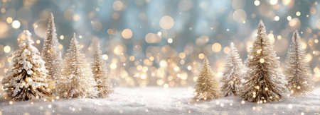 This image features a winter forest scene with snow-covered trees and a bokeh background. The composition is soft and dreamy, with a focus on warm, glowing lights. The overall style suggests a festive atmosphere, suitable for seasonal designs or editorial projects without specific brand affiliations.の素材
