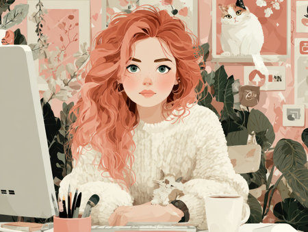 A woman with vibrant red hair sits at a desk in a warm, indoor setting. The image is rendered in a soft, illustrative style with pastel tones, featuring decorative elements and a pet cat. The scene suggests a comfortable atmosphere, suitable for various editorial and commercial applications. The composition includes foliage and office supplies.の素材