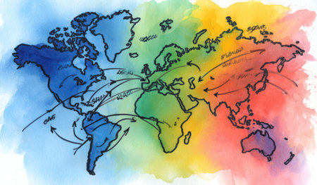 This watercolor illustration features a world map with continents rendered in various colors. Black lines depict routes with directional arrows, implying global connections. The composition showcases a vibrant palette and soft textures, potentially for educational or informational purposes. It is suitable for various commercial applications like presentations or articles.の素材