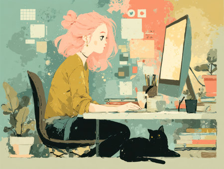 An illustration depicts a woman working on a computer at a desk with a black cat. The scene uses a colorful palette. The composition is simplified, suggesting a graphic style. The setting is indoors, with elements such as plants and papers. The image could be used for various commercial and editorial projects.の素材
